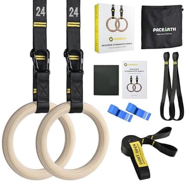 PACEARTH Gymnastics Rings 32mm Wooden Olympic Rings Support 1500lbs Locked Carabiners 9ft Double-Layer Numbered Straps Non-Slip Gym Rings with Foot Straps Door Anchor for Home Gym Full Body Workout