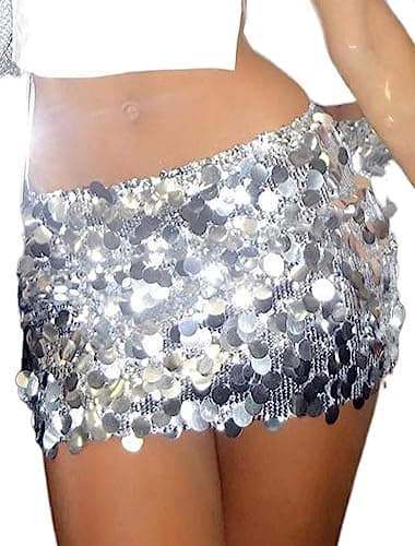Justalwart Women's Sequin Skirt High Waisted Bodycon Mini Glitter Silver Skirts (US 4-6)