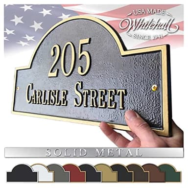 Whitehall™ Personalized Cast Metal Address Plaque with Arch Top. Made in the USA. BEWARE OF IMPORT IMITATIONS. Display Your Address and Street Name. Custom House Number Sign. Wall Mounted Sign.
