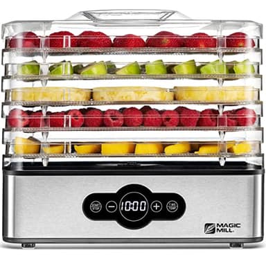 Magic Mill Food Dehydrator Machine | 5 Stackable Stainless Steel Trays, 48H Digital Adjustable Timer & Temperature Control Upto 167° Electric Dryer & Preserver for Jerky, Fruit, Dog Treats & Much More