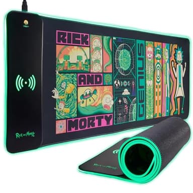 Rick & Morty XL RGB Gaming Mat with 15W Wireless Charger | Customizable LED, Anti-Slip, Spill-Resistant