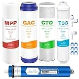 SimPure 5-Stage Reverse Osmosis Replacement Filter Set with 75 GPD RO Membrane, 5pc Pre & Post Replacement Cartridge Pack Kit for Standard 5-Stage Reverse Osmosis RO Systems