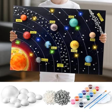 Innconee 20 Solar System Model Project Kit with 10 Foam Ball LED Lights 12 Pigment 2 Brushes Solar System Background DIY Outer Space Planet Foam for Kid School Science Projects Arts Crafts(Rectangle)