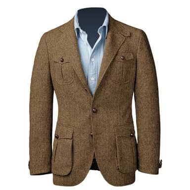 FIXRIMCH Men Tweed Blazer Herringbone Sport Jackets Wool Blend Casual Single Breasted Slim Vintage British Norfolk Jacket Brown
