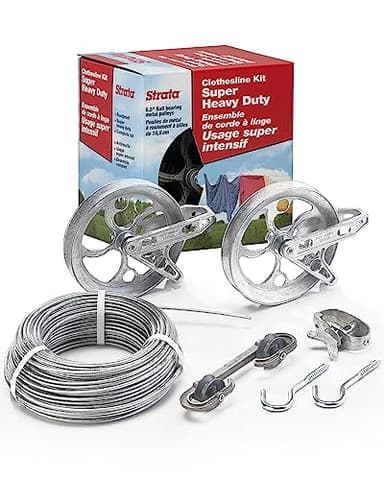 Strata Clothesline Outdoor Super Heavy Duty Kit - 150ft Galvanized Wire Silver PVC Coating, 6.5" Clothes line Pulley 2pcs, Metal Mini Winch Tightener 1pc, Plastic Spreader/Spacer 1pc & 2 Metal Hooks
