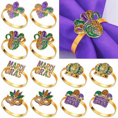 12 Pcs Napkin Rings for Mardi Gras, Fleur De Lis Napkins Holder Rings for Mardi Gras Table Decor, Rhinestone Purple Napkin Ring Holders Crown Dinner Table Accessories for Masquerade Party Supplies