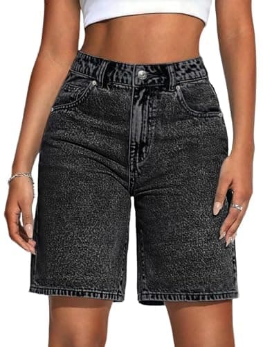 IWD Denim Shorts for Women High Waisted Jean Shorts Loose Casual Bermuda Shorts Summer Trendy Jorts (Denim Black, Large)