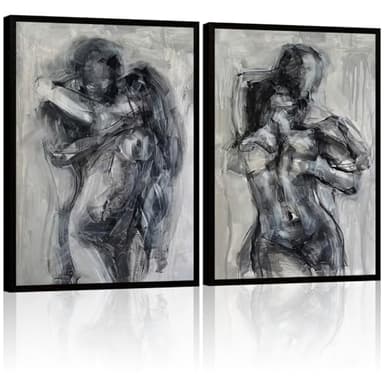 2Pcs Framed Black and White Bathroom Canvas Wall Art Abstract Nude Prints Couple Modern Gallery Style Painting Pen sketch Posters Decorations Bedroom Living Room Bathroom 12x16 Inch Ready to Hang