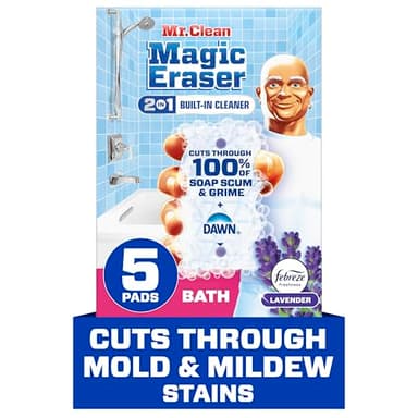 Mr. Clean Magic Eraser Sponge, Bathroom Cleaner, Shower Cleaner, Tub Cleaner, Soap Scum Remover, Bathroom Cleaning Supplies, Dawn Cleaning Power with Febreze Lavender Scent, 5ct