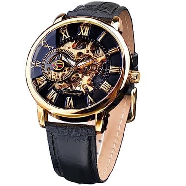 FORSINING Men's Skeleton Steampunk Mechanical Watch Black Mechanical Watch for Men Transparent Mesh Band Watch