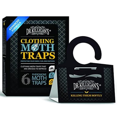 Dr. Killigan's Premium Double Potent Clothing Moth Traps with Pheromones Prime, Organic Clothes Moth Trap with Lure for Closets & Carpet, Case Making & Web Spinning (6 Pack, Black)