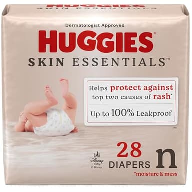 Huggies Size Newborn Diapers, Skin Essentials Baby Diapers, Size Newborn (6-9 lbs), 28 Count, Packaging May Vary
