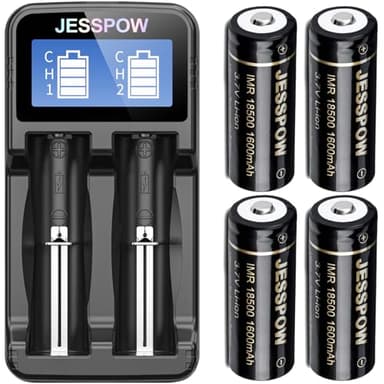 JESSPOW 18500 Rechargeable Batteries 4 Pack with Charger, IMR 18500 Rechargeable Li-ion Battery 1600mAh 3.7V [ for Flashlight, Solar Garden Light ] with Button Top