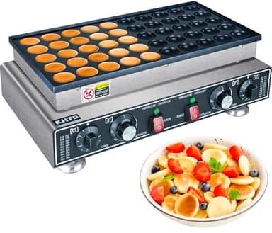 KHTD Mini Pancake Maker Machine, 50PCS Electric Nonstick Dutch Pancake Maker 110V 1600W, Commercial Muffin Maker with 2 Thermostats & 2 Timers Separate Control for Home Restaurant (12"D×21"W×7"H)