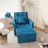 Vabches Sofa Bed Chair with Wing Table and USB Ports Outlet, 3-in-1 Sofa Chair Bed Couches with Two Pillows, Velvet Sleeper Chair with Adjustable Backrest, Easy Assembly, Blue