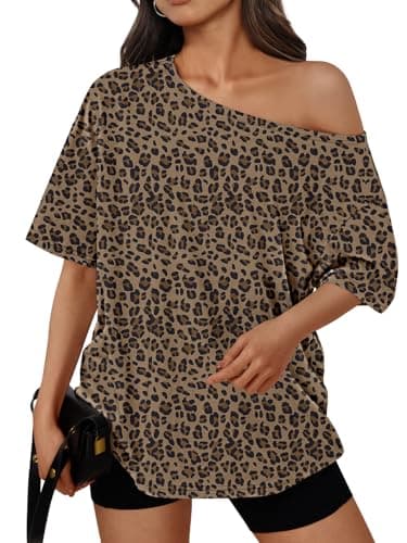 Trendy Queen Womens Off The Shoulder Tops Oversized T-Shirts Short Sleeve Tees Summer 2026 Casual Spring Clothes Workout Gym Y2k Cute Going Out Plus Size Clothing Leopardprint XL