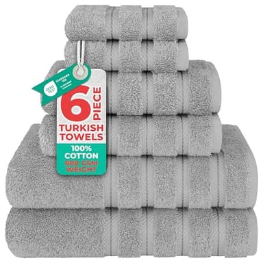 American Soft Linen Luxury 6 Piece Towel Set, 2 Bath Towels 2 Hand Towel 2 Washcloths, 600 GSM 100% Cotton Turkish Towels for Bathroom, Light Grey Towel Sets