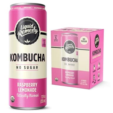 Liquid Remedy Kombucha Sugar Free Organic Drink, Low Calorie, Probiotic Like Tea for Gut Health - Raspberry Lemonade - 12 Fl Oz Can, 4-Pack