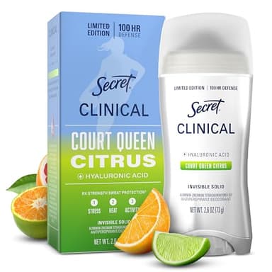 Secret Clinical Strength Antiperspirant Deodorant for Women,100hr Defense, Triple Threat Sweat Protection with Hyaluronic Acid, PH Balanced, Invisible Solid, Court Queen Citrus Scent, 2.6 oz