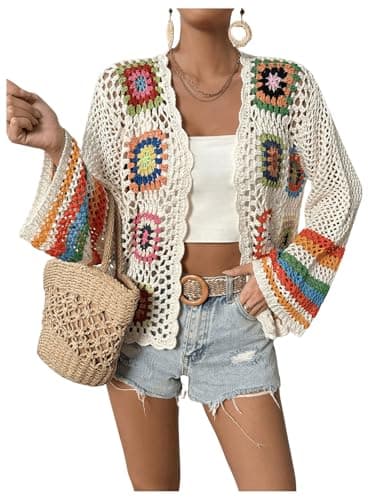 SHENHE Women's Floral Crochet Cardigan Hollow Out Open Front Long Sleeve Cardigan Sweater Apricot L