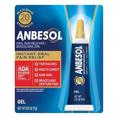 Anbesol Gel Maximum Strength - Instant Oral Pain Relief for Toothaches, Canker Sores, Sore Gums, Denture Pain - 0.33 oz