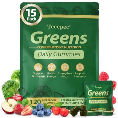 Greens Daily Gummies, Superfood Fruits and Veggies Blend with Spirulina, Chlorella, Prebiotics & Fiber, Adaptogens Multivitamin Supplement for Digestive Health, Non-GMO, 120 Count
