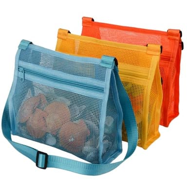MUYIZI Mesh Beach Bag for Shells Collecting 3 Pack,Shell Bags for Beach, Beach Shell Bag for Kids, Sea Shell Bags for Picking Up Shells, Sand Toys Swimming Accessories for Boys and Girls