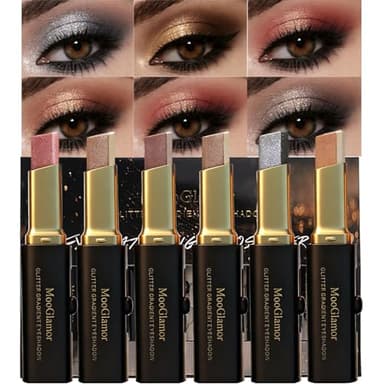 MooGlamor 6 Pcs Glitter Eye Shadow Stick Shimmer Eye Shadow Set with Two-Color Gradient and Waterproof Eyeshadow Pen for Long Lasting Eye Makeup Gift