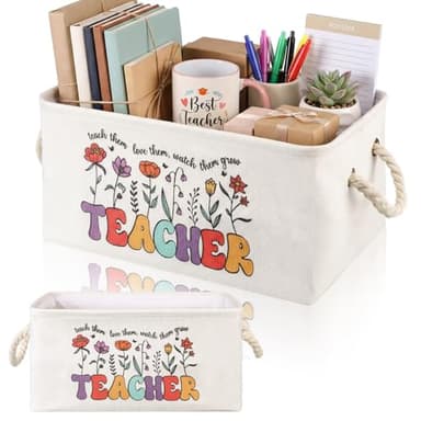 Marsui Teacher Basket Teacher Appreciation Gifts Book Storage Basket Large Foldable Linen Reading Accessories Back to School Teachers Gifts from Student Classroom Office Home