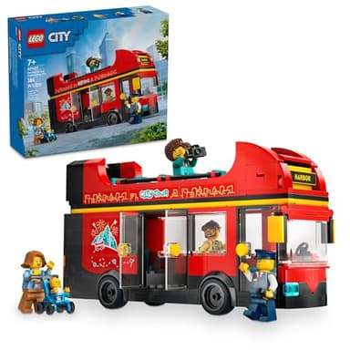 LEGO City Red Double-Decker Sightseeing Bus Toy Vehicle Set, Birthday Gift for 7 Year Olds, for Kids, Double-Decker London Bus Toy, 5 Characters Including a Baby and Stroller, 60407
