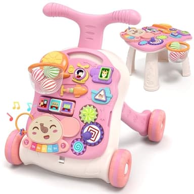 QDRAGON 3 in 1 Baby Walker and Activity Center for Girl, Learning to Walk, Sit to Stand, Early Educational Push Toys with Music Panel for Infant Toddler 12+ Months Pink