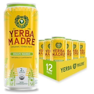 Yerba Madre Organic Yerba Mate, Low Sugar Bravo Mango, 150mg Natural Caffeine, Energy Drink Alternative, No Jitters or Crash, 15.5 Oz (Pack of 12)