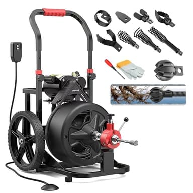 100 ft x 1/2 inch POPULO Auto Feed Electric Drain Snake Auger for 2 to 4 Inch Pipes, Sewer Plumbing Snake Auger, Heavy Duty Drain Cleaner Machine with 8 Cutters & 1 Root Killer & Gloves
