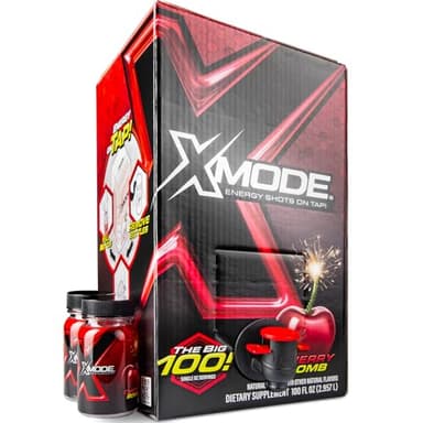 XMODE Extra Strength Energy Shots on Tap – Cherry Bomb Flavor, Sugar Free, 150mg Caffeine per oz, B12, 100 (1oz) Servings, Dispenser with 2 Refillable Bottles