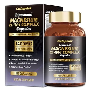21 in 1 Liposomal 1400mg Magnesium Complex (Citrate, Glycinate, Malate etc) Capsule - 12 Active Types Magnesium with Vitamin D3, B6, B12, C, Ashwagandha & CoQ10 for Women & Men - Support Bone & Muscle