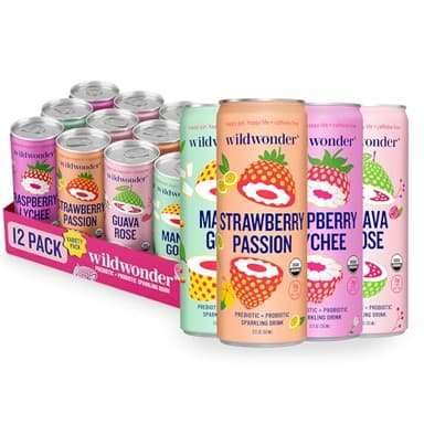 wildwonder Sparkling Probiotic Drink 12pk, For Gut Health & Immune Support, Classic Variety Pack, 5g Prebiotic Fiber, Live Probiotics, Organic, Vegan, Low Sugar, 12 Pack, 12oz Can, Seen on Shark Tank