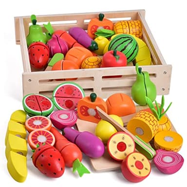 FUN LITTLE TOYS 35PCS Wooden Play Food for Kids Kitchen, Pretend Cutting Food Toys with Wooden Tray, Dishes and Knife for Kids, Pretend Play Food for Christmas Birthday Gifts