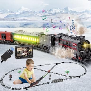 JONRRYIN Electric Train Set for Kids with Remote Control, Classic Steam Locomotive with Smoke, Lights & Sounds, Kids Retro Trains Tracks Toys for Christmas