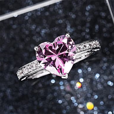 925 Sterling Silver Shiny Full Diamond Heart-Shaped Pink Gemstone Ring Cubic Zirconia Rings CZ Diamond Ring Eternity Engagement Wedding Band Ring for Women (US Code 7)