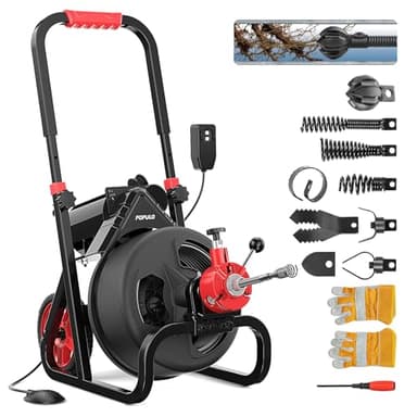 POPULO 75 ft x 1/2 inch Upgraded Electric Sewer Drain Snake Auger with 8 Cutters and 1 Root Killer, for 2-4 inch Pipes, Auto Feed Plumbing Drain Cleaner Machine, PEDC-75 Generation Two