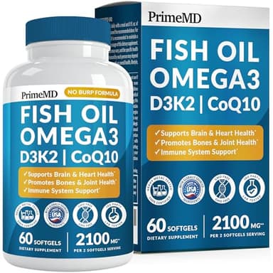 4-in-1 Fish Oil Omega 3 Fatty Supplements (2100mg) - Omega 3 Fish Oil with Vitamins D3 K2 and CoQ10 - Lemon Flavored (60 softgels)