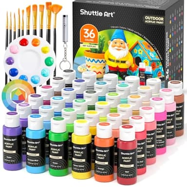 Shuttle Art Outdoor Acrylic Paint Set, 36 Colors 2oz/60ml Waterproof Acrylic Paint with 10 Brushes 1 Palette, Rich Pigmented Paints for Artists, Beginners on Rocks, Wood Crafts, Garden Statues