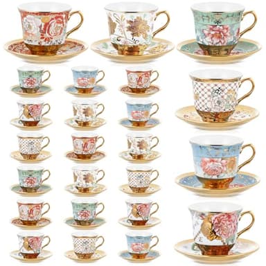 Teenyyou Set of 24 Tea Cups and Saucers Tea Party Decorations Floral Porcelain 5.4 oz British Gift for Women Birthday Party, Church, and Mother's Day (Stylish Style)