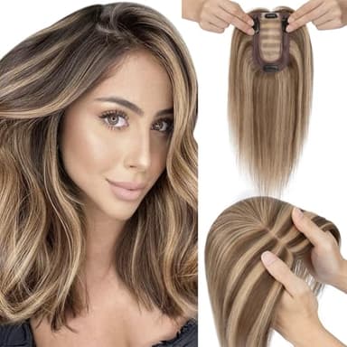 Elailite Hair Toppers for Women Real Human Hair Topper Thinning Thin 5.1"x2.8" Silk Base Clip in Remy Hairpieces 18 Inch Chocolate Brown mix Dark Blonde