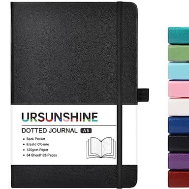 Dotted Journal/Notebook - Dot Grid Hard Cover Notebook, Premium Thick Paper with Fine Inner Pocket, Black Smooth Faux Leather, Pen Loop, 5.3''×8.26'' - Black