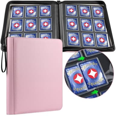 GEAoffice 9 Pockets Top Loader Binder Holds 324 Cards, Premium PU Leather Trading Card Binder for Toploader, Side Loading Zipper Card Binder Top Loader for 3"×4" Rigid, MTG, TCG, Waterproof, Pink