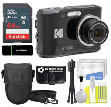 Kodak PIXPRO FZ45 16MP Digital Camera 4X Optical Zoom 27mm Wide Angle 1080P Full HD Video 2.7" LCD Camera (Black) + 64GB Card and Reader + Case + Memory Wallet + Tripod + Cleaning Bundle