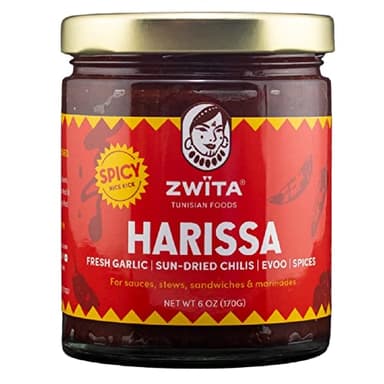 Zwita Spicy Harissa 6oz | Tunisian Thick Sun Dried Chili Paste | Spicy Yet Doesn’t Overwhelm Flavor | Harissa Paste | Sun Dried Chilis, Fresh Garlic, Extra Virgin Olive Oil, Spices | Ancestral Recipe | 100% Grandma Approved | Amazing Flavor for your Soups, Stews, Sauces and Marinades