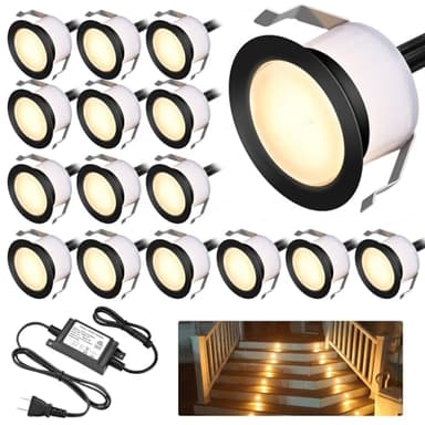 GEYUEYA Home LED Deck Light Kits Warm White, Φ1.22 Recessed Step Light 16 Pack with Black Protective Shell, DC12V Low Voltage LED Deck Lighting, IP67 Waterproof Outdoor Stair Lights for Garden