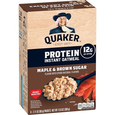 Quaker Protein Instant Oatmeal, Maple Brown Sugar, 12g Protein per Serving, Whole Grains, No Artificial Flavors, No Added Colors, 2.11 oz Packets, (6 Pack)